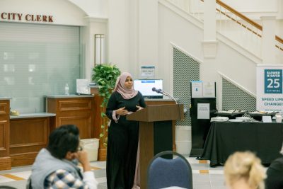 Fatuma Ahmed speaking at podium